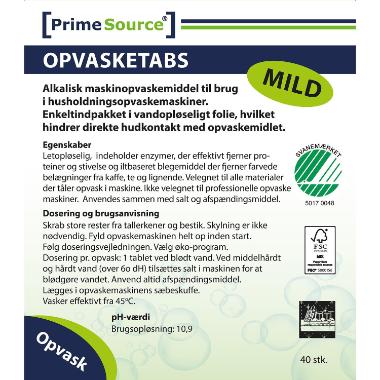 Maskinopvask Tabs Prime Source Mild Svanemærket Vandopløselig folie,40 stk/pk