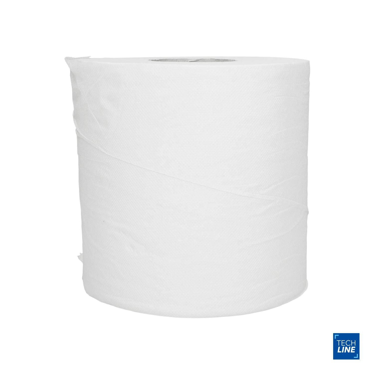 Håndklæderulle Techline 1-lag Ø19 x B19 x 245M m/hylse Genbrugsfiber. Hvid,6 rl/krt