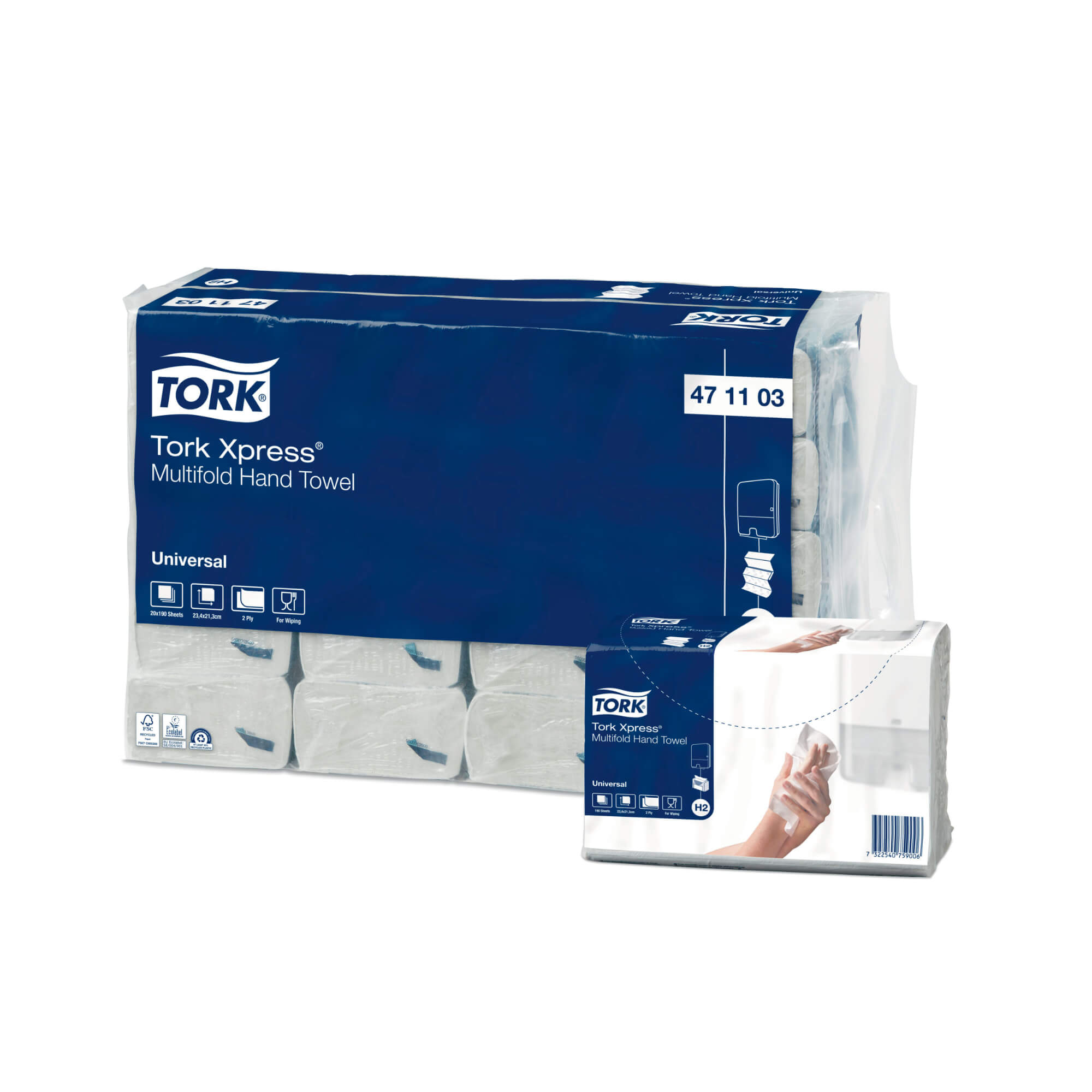 Håndklædeark Tork Universal H2 Z-Fold 2-lag L23.4xB21.3xD7.8cm Genbrug Natur,20 pk x 190 stk/krt