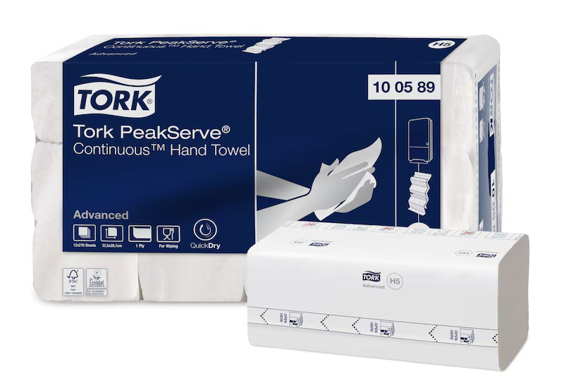 Håndklædeark, Tork, PeakServe, H5 Advanced, 1-lags, 225 x 201 x 75mm, hvid, 100% nyfiber (3240 stk)