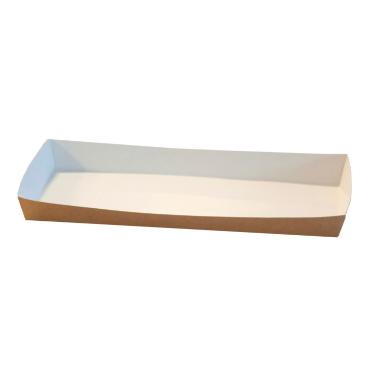 Pølsebakke – 200x90x20 mm, pap brun/hvid m. kant, 600 stk.