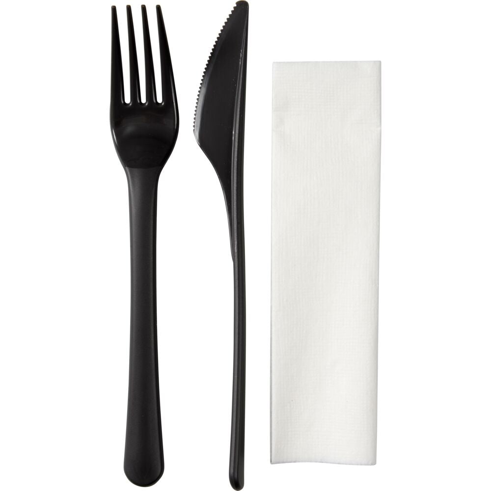 Flergangsbestiksæt, 18cm, grå, PP, med kniv, gaffel og serviet ( 250 stk )