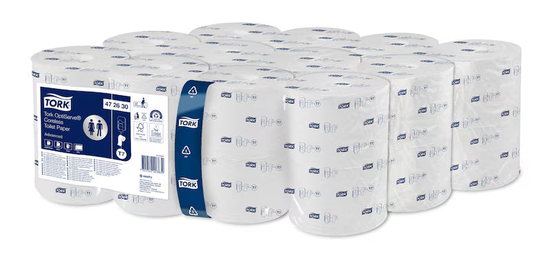 Toiletpapir Tork Advanced T7 OptiServe 2-lags L94.3mxB9.3cm FSC Genbrug Hvid,24 rl/sæk