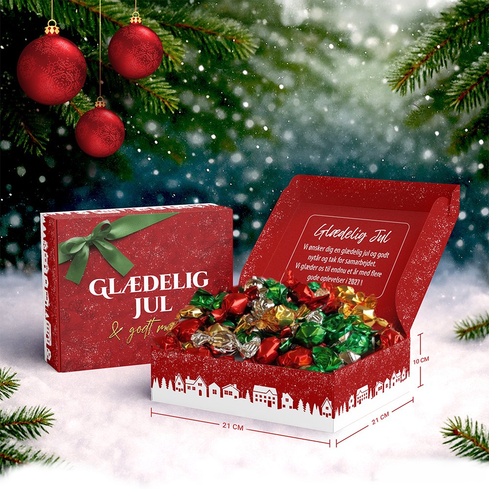 miniSERVIETTENs julekasse med chokoladekugler – mulighed for logo