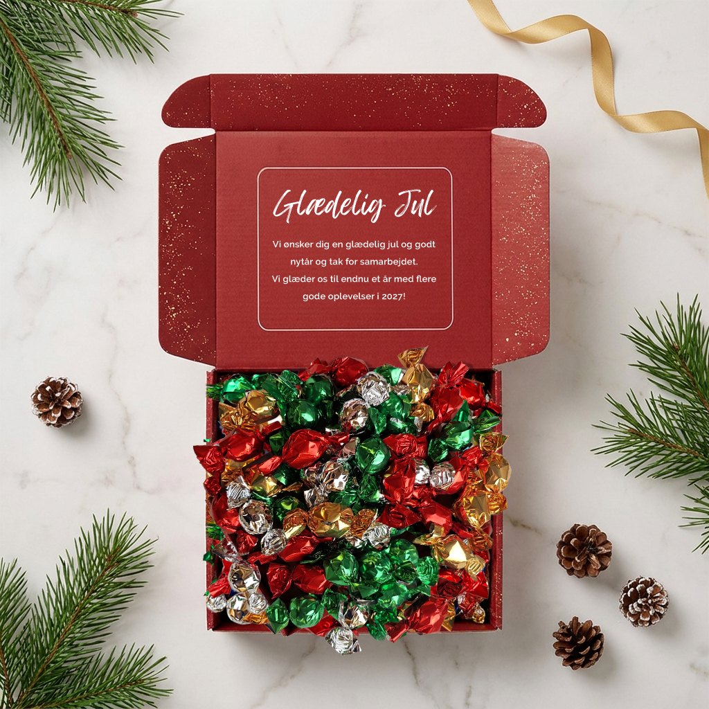 miniSERVIETTENs julekasse med chokoladekugler – mulighed for logo
